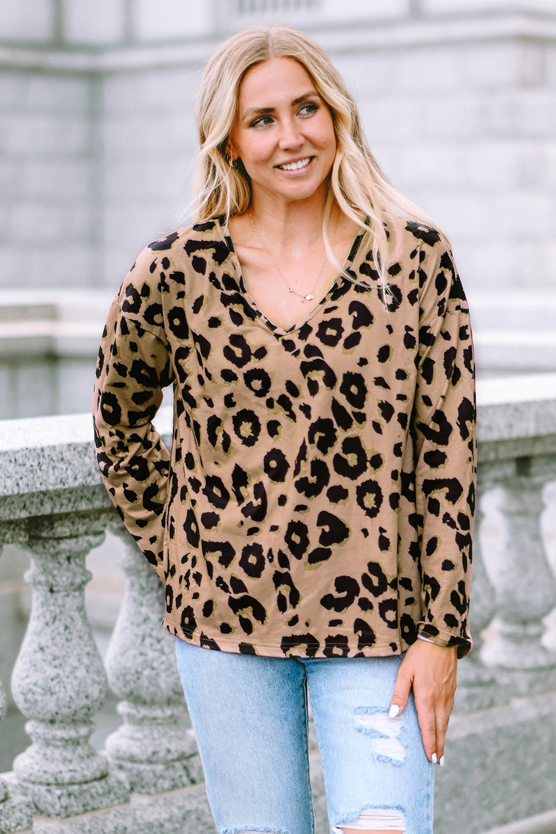 Load image into Gallery viewer, DLLS61 - Brown Leopard Split Joint V Neck Long Sleeve Tops
