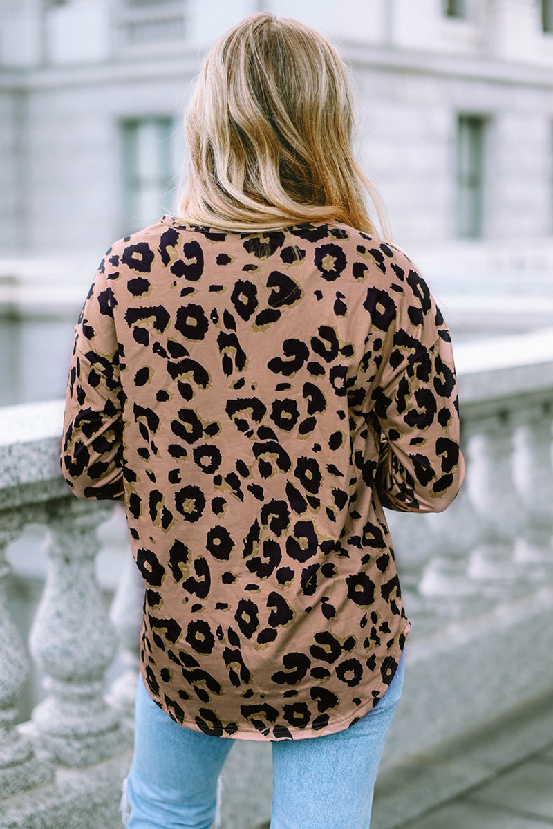 Load image into Gallery viewer, DLLS61 - Brown Leopard Split Joint V Neck Long Sleeve Tops
