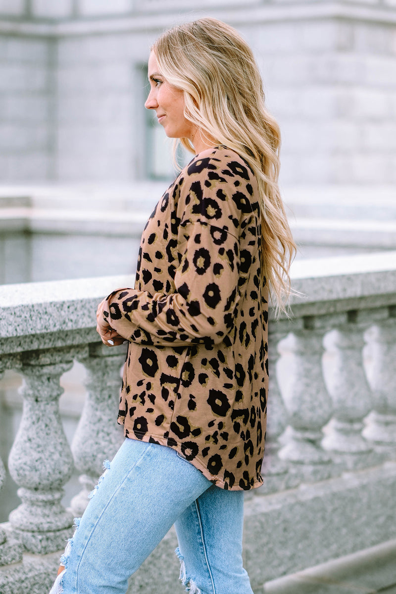 Load image into Gallery viewer, DLLS61 - Brown Leopard Split Joint V Neck Long Sleeve Tops
