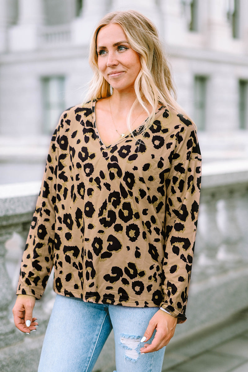 Load image into Gallery viewer, DLLS61 - Brown Leopard Split Joint V Neck Long Sleeve Tops
