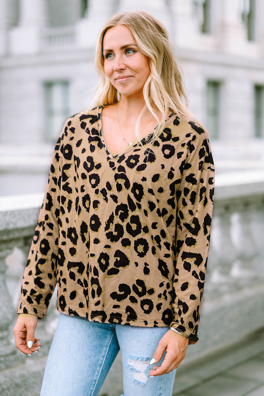 DLLS61 - Brown Leopard Split Joint V Neck Long Sleeve Tops