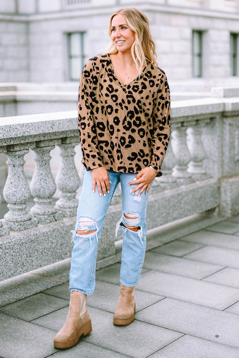 Load image into Gallery viewer, DLLS61 - Brown Leopard Split Joint V Neck Long Sleeve Tops
