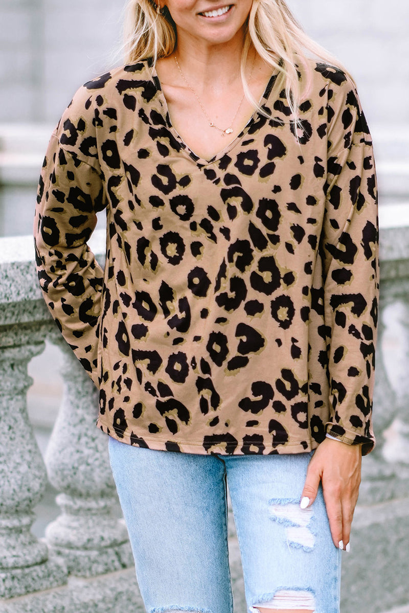 Load image into Gallery viewer, DLLS61 - Brown Leopard Split Joint V Neck Long Sleeve Tops
