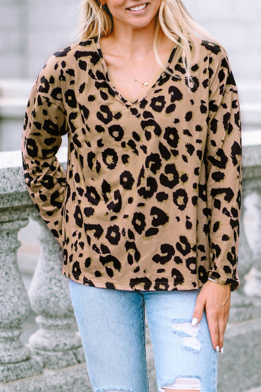 DLLS61 - Brown Leopard Split Joint V Neck Long Sleeve Tops