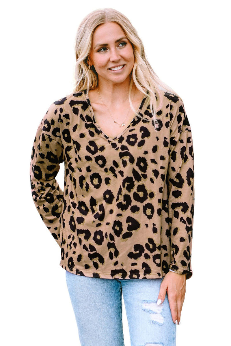 Load image into Gallery viewer, DLLS61 - Brown Leopard Split Joint V Neck Long Sleeve Tops
