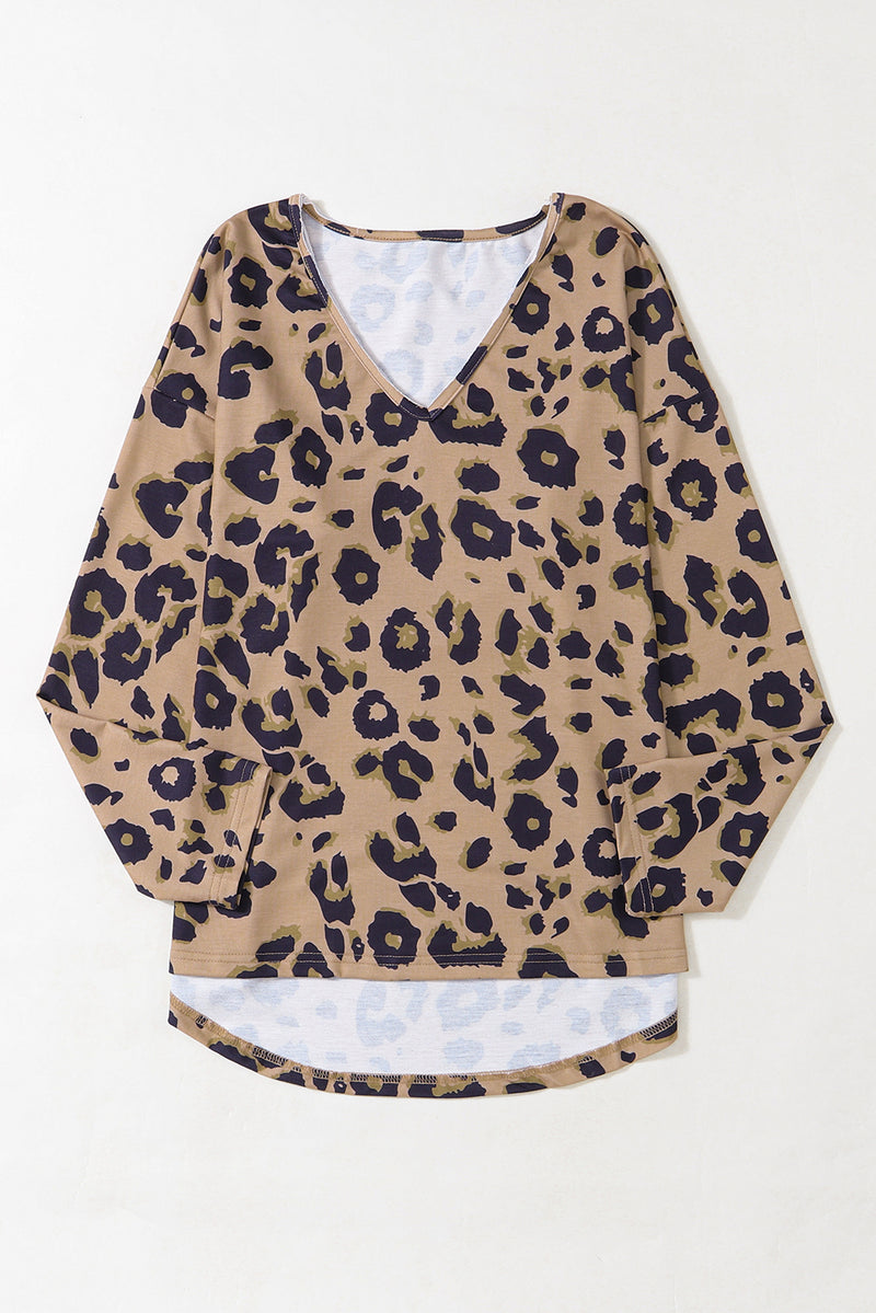 Load image into Gallery viewer, DLLS61 - Brown Leopard Split Joint V Neck Long Sleeve Tops
