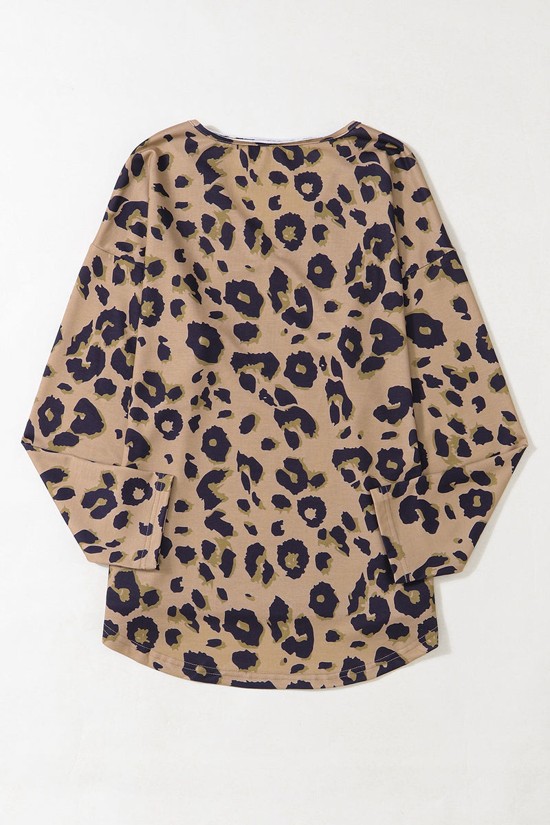 Load image into Gallery viewer, DLLS61 - Brown Leopard Split Joint V Neck Long Sleeve Tops

