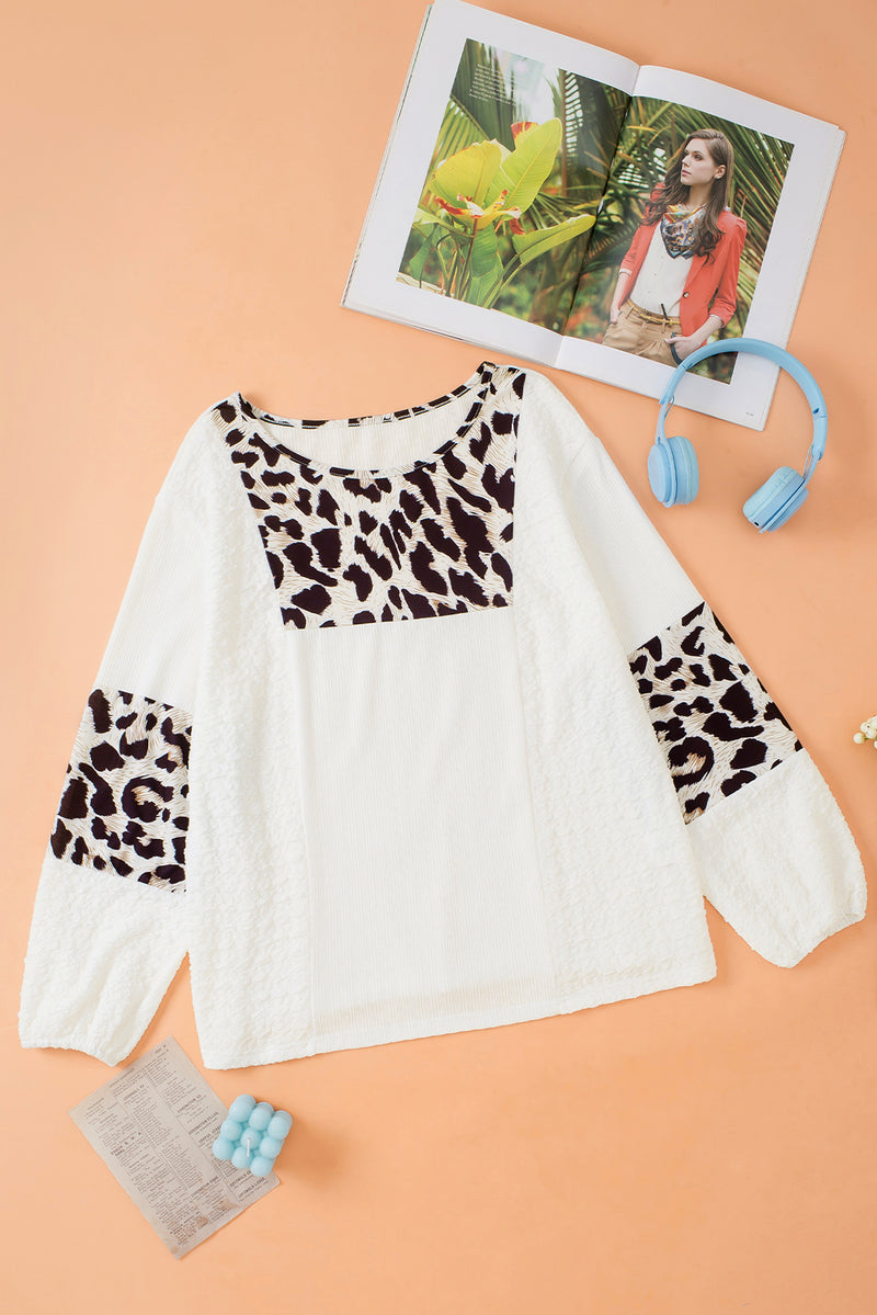 Load image into Gallery viewer, DLLS98 - White Leopard Patch Puff Sleeve Textured Blouse
