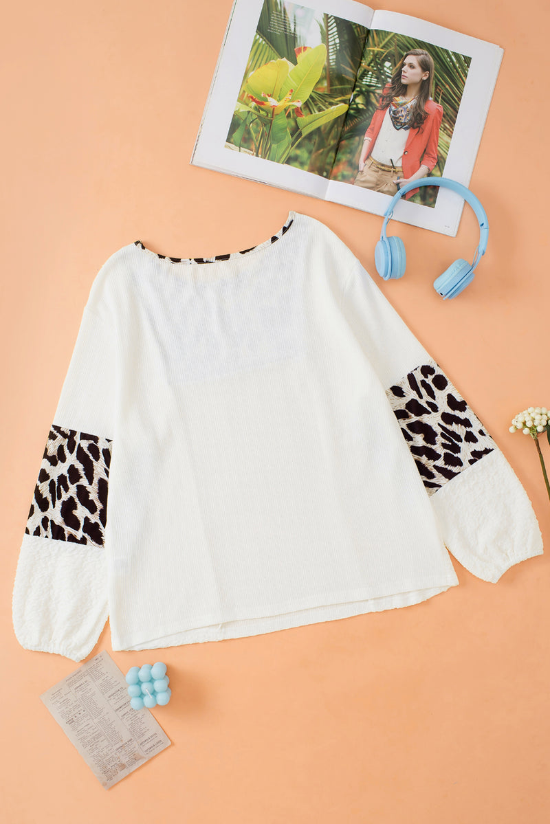 Load image into Gallery viewer, DLLS98 - White Leopard Patch Puff Sleeve Textured Blouse

