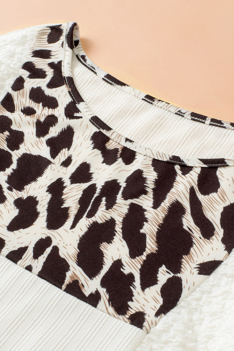 Load image into Gallery viewer, DLLS98 - White Leopard Patch Puff Sleeve Textured Blouse
