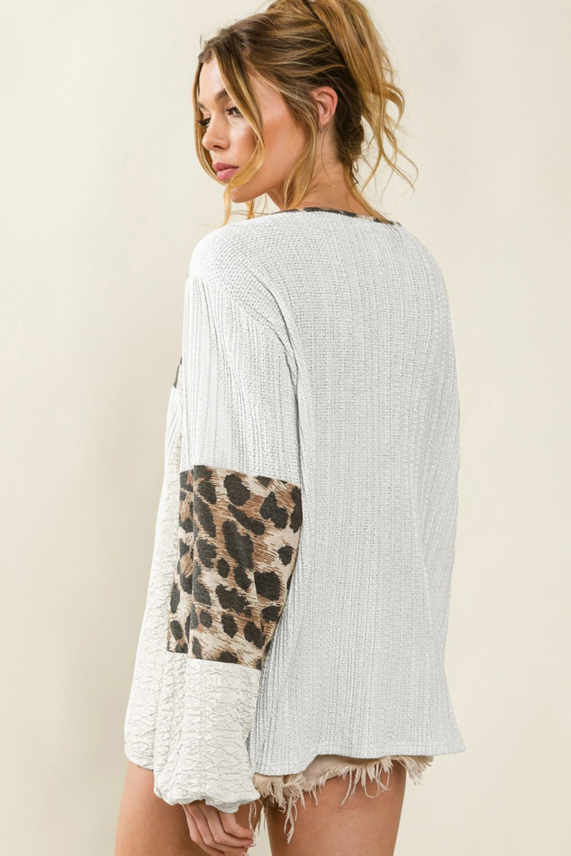 Load image into Gallery viewer, DLLS98 - White Leopard Patch Puff Sleeve Textured Blouse
