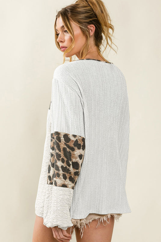 DLLS98 - White Leopard Patch Puff Sleeve Textured Blouse