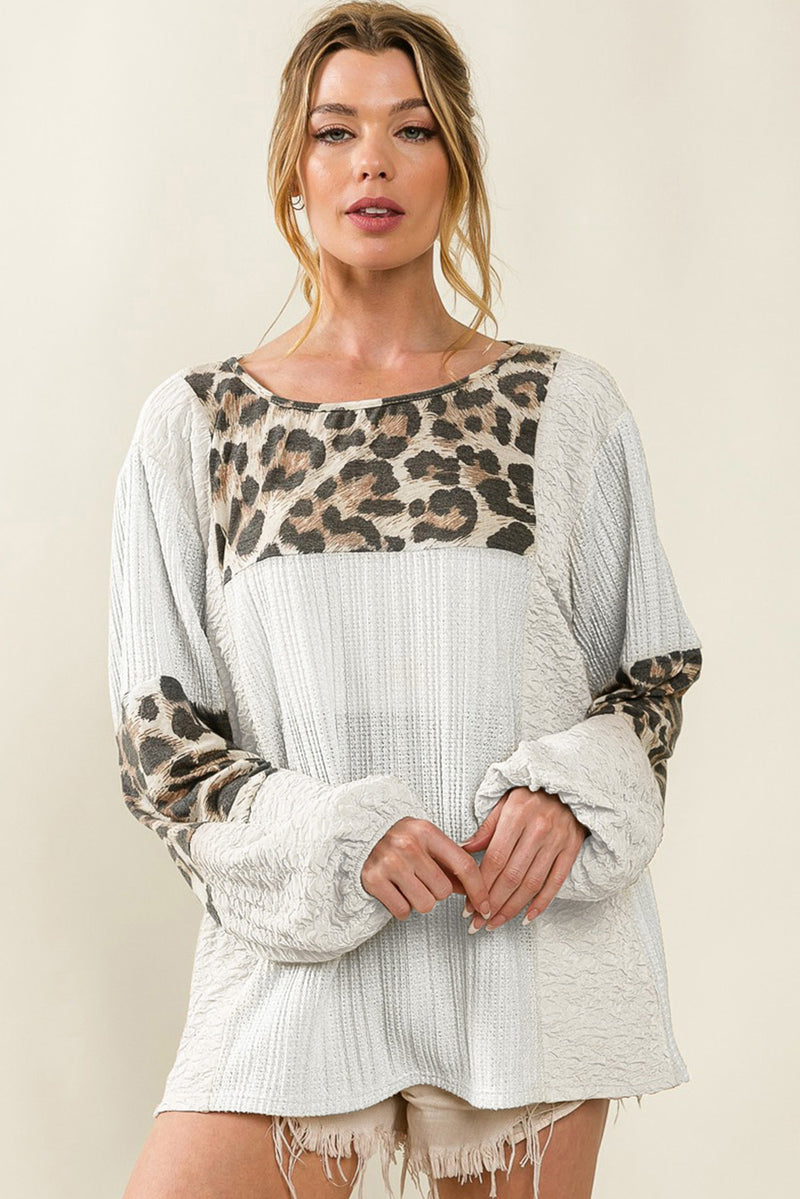 Load image into Gallery viewer, DLLS98 - White Leopard Patch Puff Sleeve Textured Blouse
