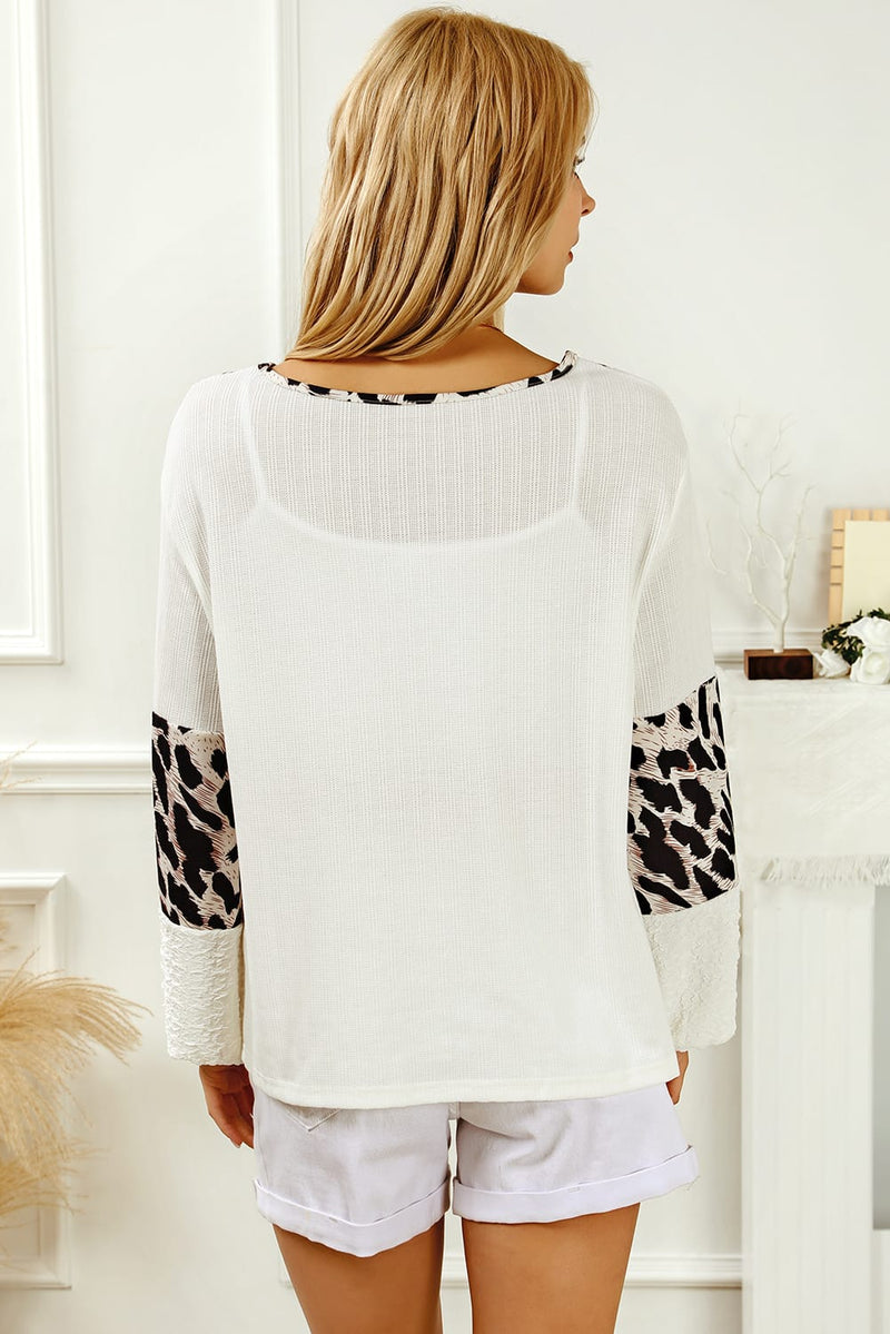 Load image into Gallery viewer, DLLS98 - White Leopard Patch Puff Sleeve Textured Blouse
