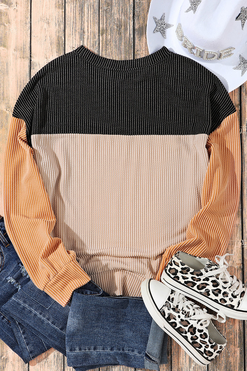 Load image into Gallery viewer, DLLS26 - Black Color Block Long Sleeve Ribbed Loose Top
