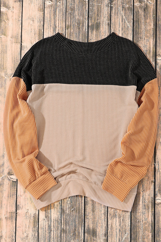 DLLS26 - Black Color Block Long Sleeve Ribbed Loose Top