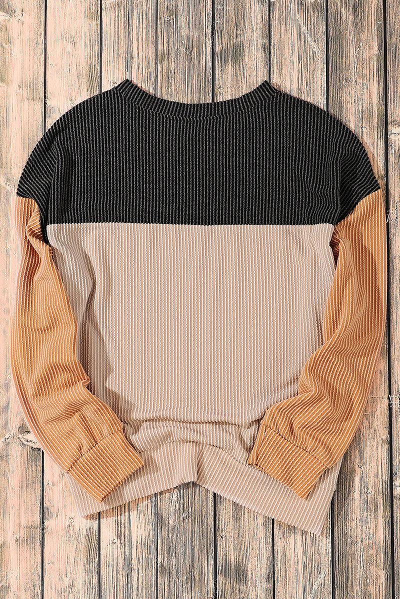 Load image into Gallery viewer, DLLS26 - Black Color Block Long Sleeve Ribbed Loose Top
