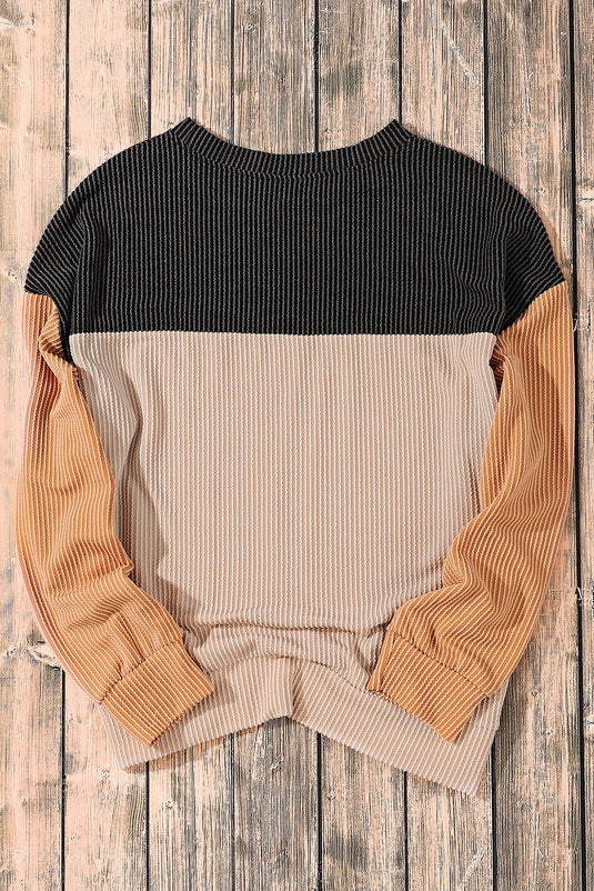 DLLS26 - Black Color Block Long Sleeve Ribbed Loose Top