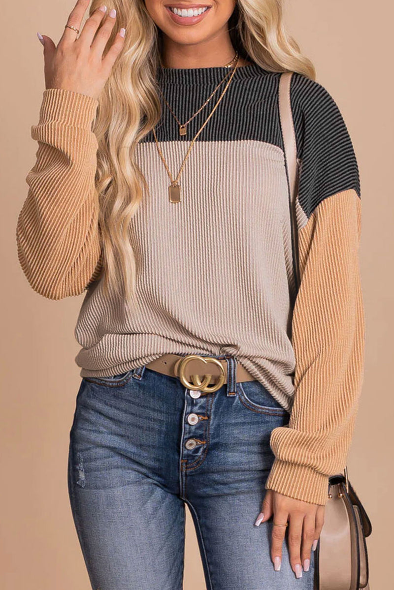 Load image into Gallery viewer, DLLS26 - Black Color Block Long Sleeve Ribbed Loose Top
