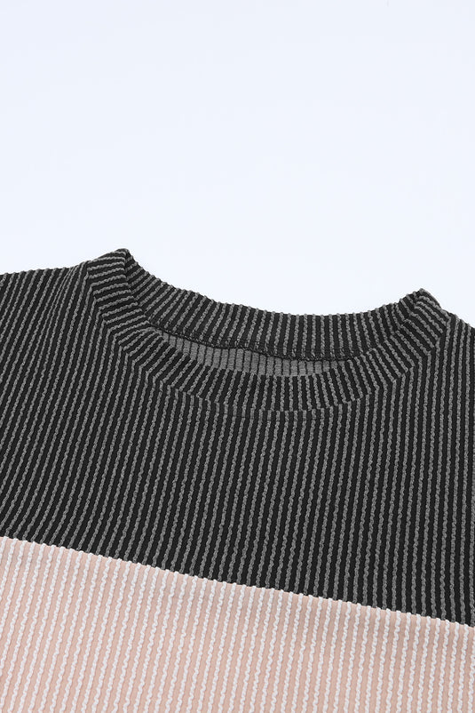 DLLS26 - Black Color Block Long Sleeve Ribbed Loose Top