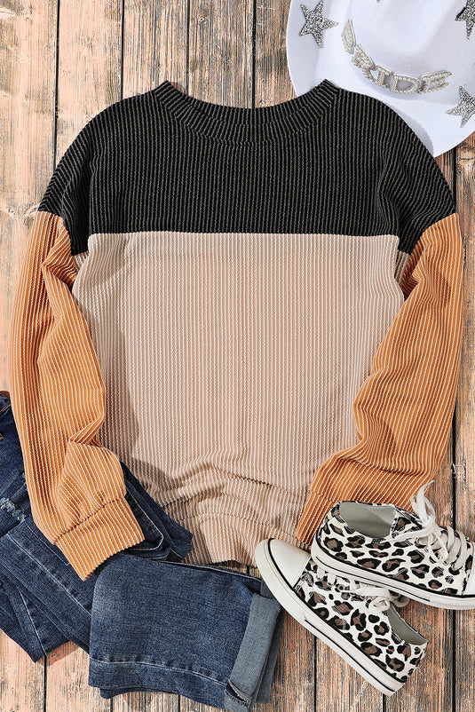 DLLS26 - Black Color Block Long Sleeve Ribbed Loose Top