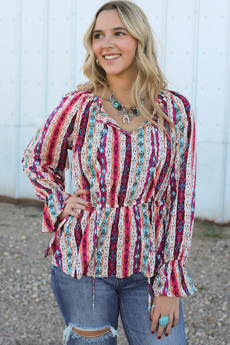 DLLS102 - Multicolor Western Aztec Split Neck Peplum Blouse