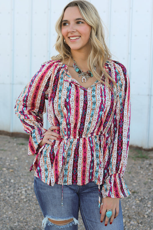 DLLS102 - Multicolor Western Aztec Split Neck Peplum Blouse
