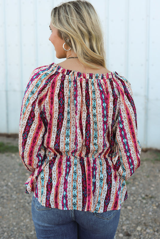 DLLS102 - Multicolor Western Aztec Split Neck Peplum Blouse