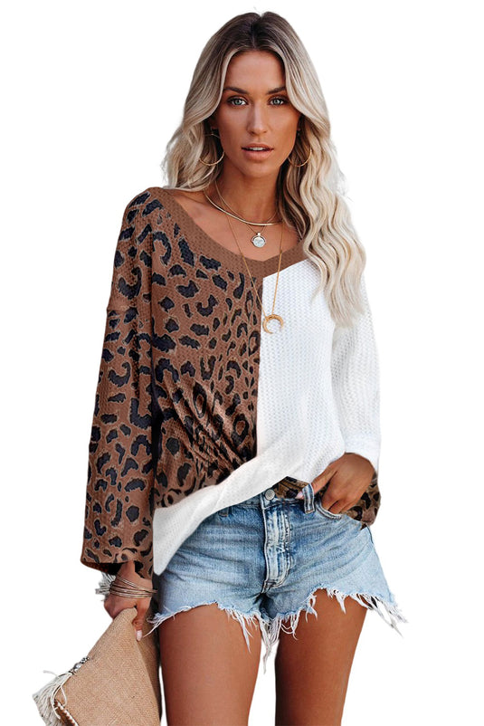 DLLS100 - Brown Leopard Contrast Waffle Knit Twist Hem V Neck Top