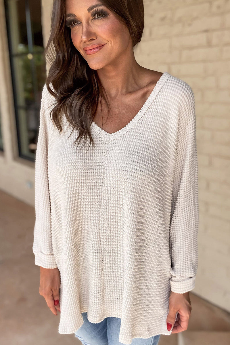 Load image into Gallery viewer, DLLS30 - White Waffle Knit Side Slits Loose Fit V Neck Top
