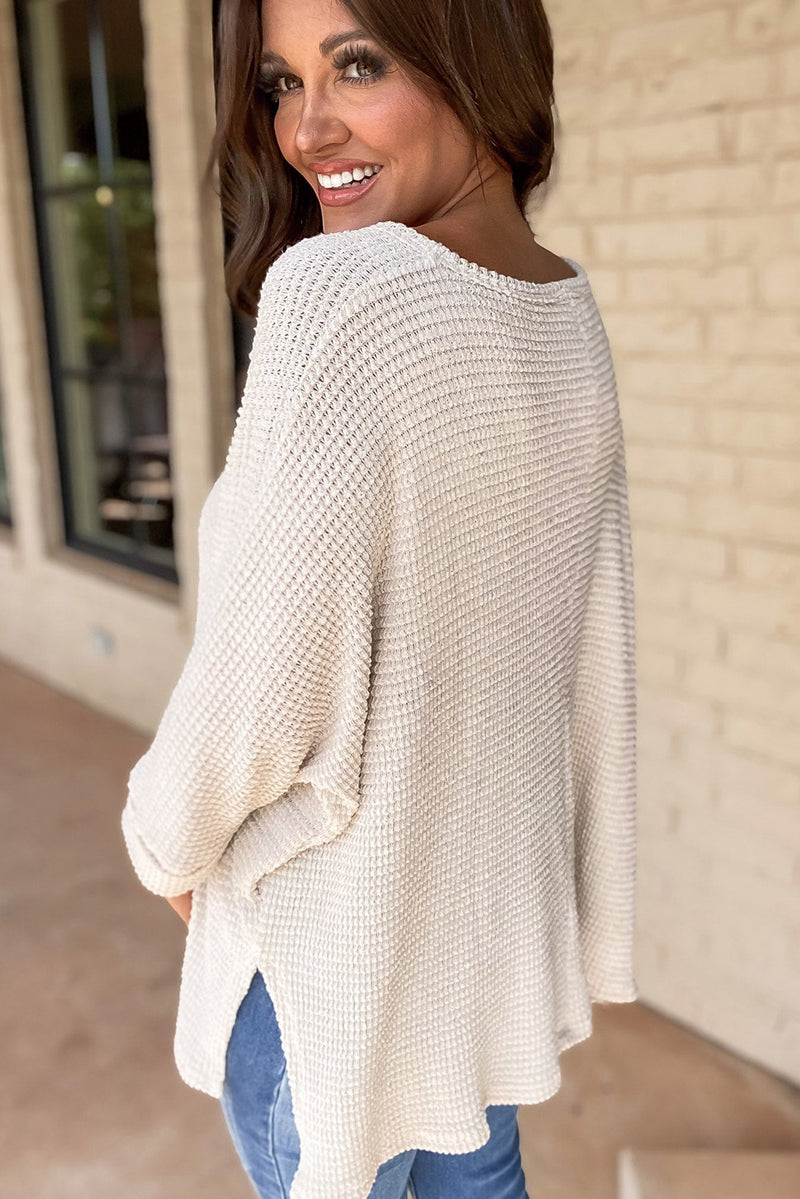 Load image into Gallery viewer, DLLS30 - White Waffle Knit Side Slits Loose Fit V Neck Top
