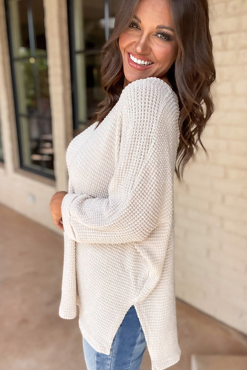 Load image into Gallery viewer, DLLS30 - White Waffle Knit Side Slits Loose Fit V Neck Top
