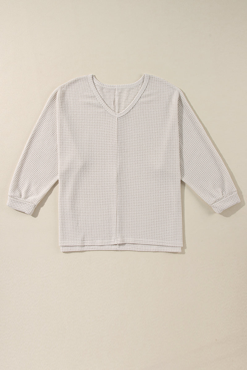 Load image into Gallery viewer, DLLS30 - White Waffle Knit Side Slits Loose Fit V Neck Top
