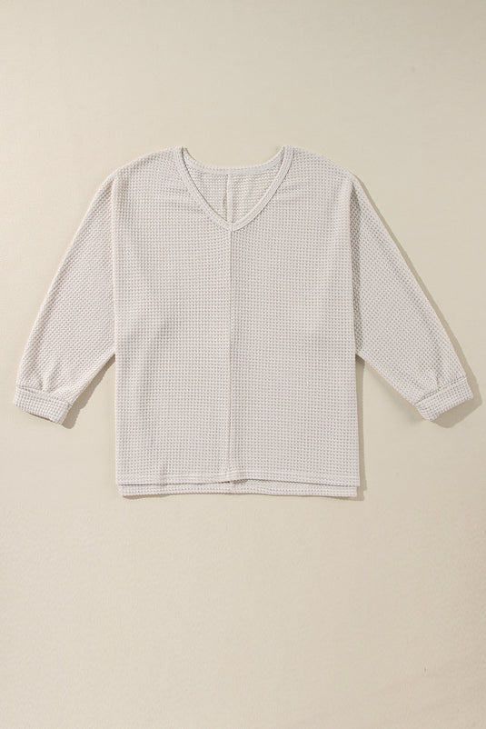 DLLS30 - White Waffle Knit Side Slits Loose Fit V Neck Top