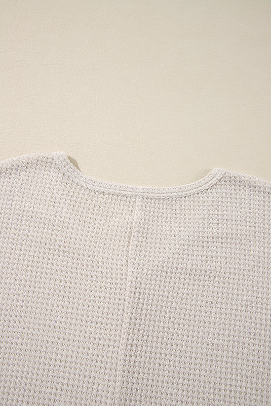 DLLS30 - White Waffle Knit Side Slits Loose Fit V Neck Top