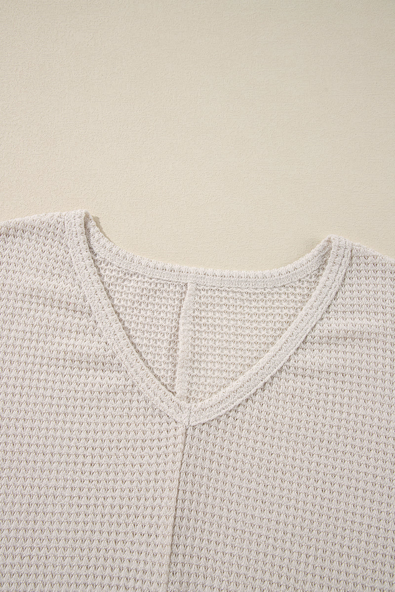 Load image into Gallery viewer, DLLS30 - White Waffle Knit Side Slits Loose Fit V Neck Top
