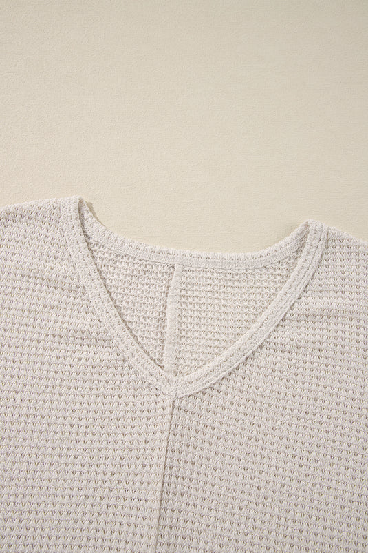 DLLS30 - White Waffle Knit Side Slits Loose Fit V Neck Top