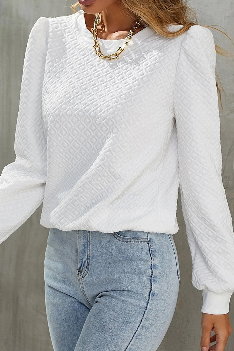 Load image into Gallery viewer, DLLS11 - White Textured Puff Long Sleeve Round Neck Top
