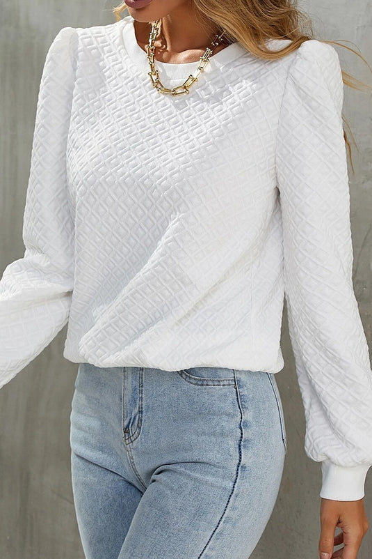 DLLS11 - White Textured Puff Long Sleeve Round Neck Top