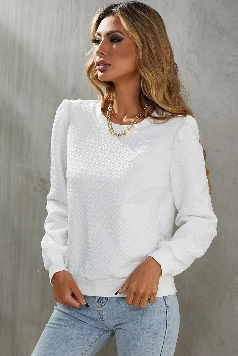 Load image into Gallery viewer, DLLS11 - White Textured Puff Long Sleeve Round Neck Top
