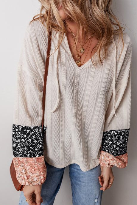 DLLS9 - Beige Floral Patchwork Textured Knit Drawstring V Neck Blouse