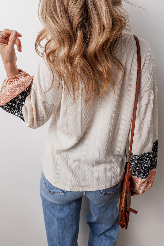 DLLS9 - Beige Floral Patchwork Textured Knit Drawstring V Neck Blouse