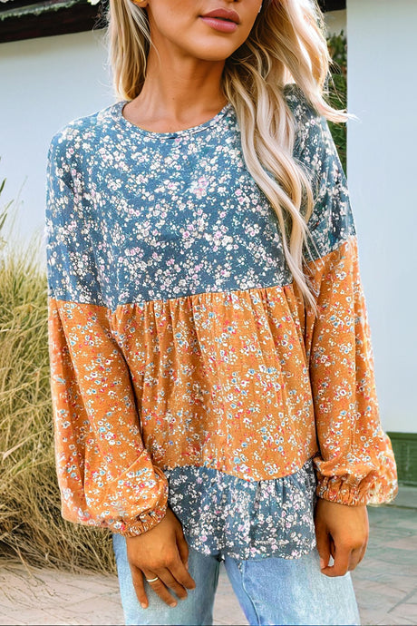 DLLS10 - Orange Floral Color Block Patchwork Ruffled Hem Round Neck Blouse