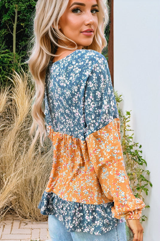 DLLS10 - Orange Floral Color Block Patchwork Ruffled Hem Round Neck Blouse