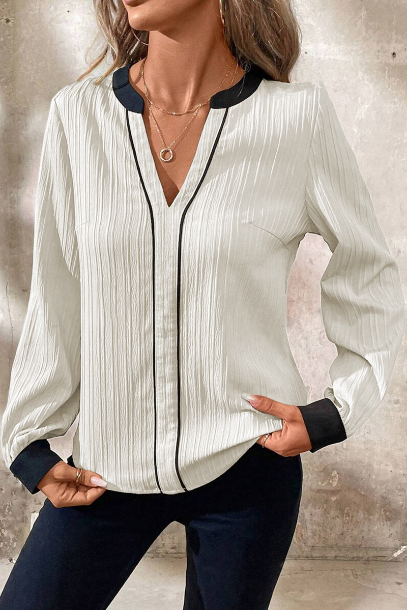 Load image into Gallery viewer, DLLS16 - White Textured Colorblock V Neck Elegant Blouse

