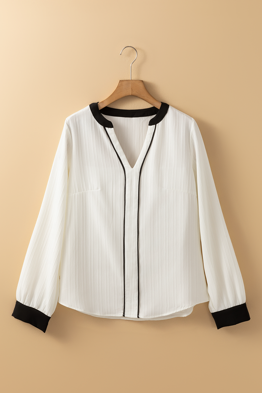 DLLS16 - White Textured Colorblock V Neck Elegant Blouse