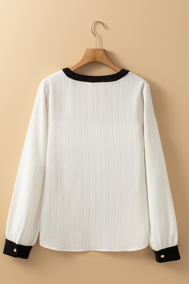 Load image into Gallery viewer, DLLS16 - White Textured Colorblock V Neck Elegant Blouse
