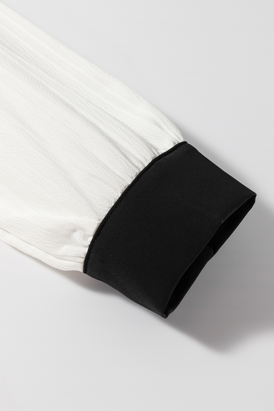 DLLS16 - White Textured Colorblock V Neck Elegant Blouse