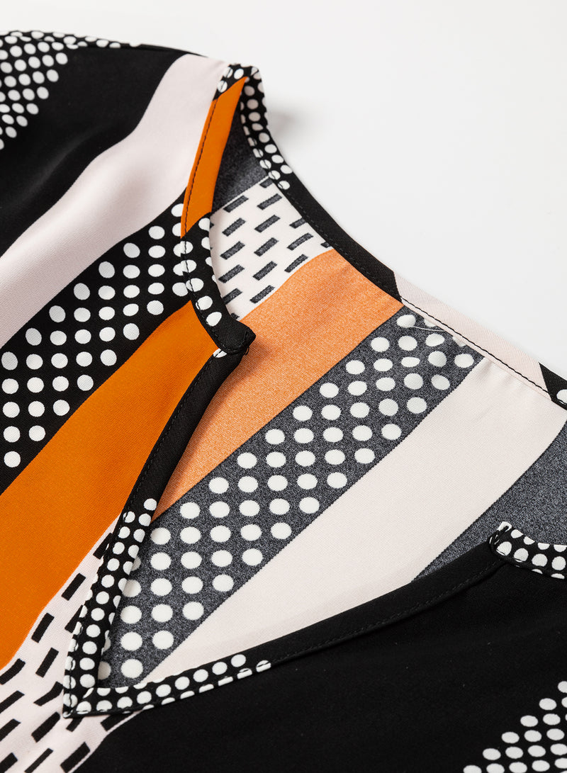 Load image into Gallery viewer, DLLS15 - Orange Geo Print Colorblock Notched V Neck Blouse
