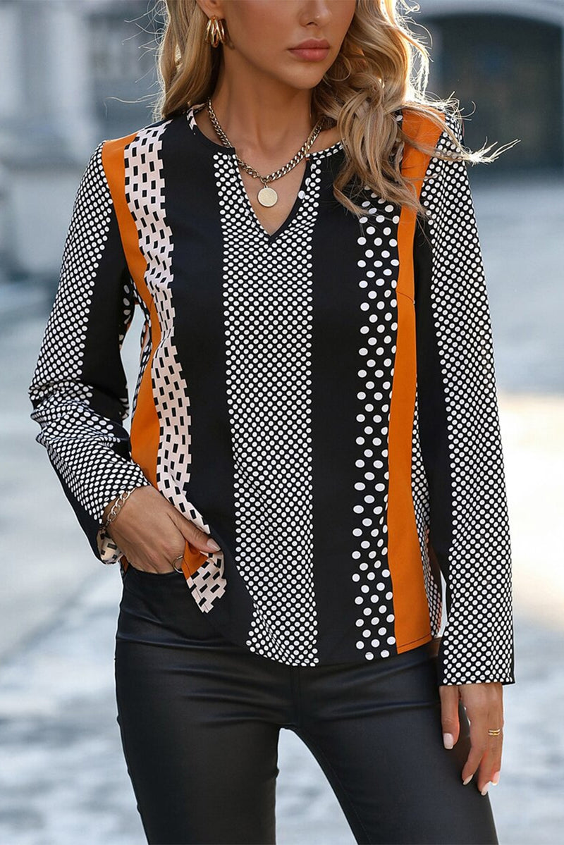 Load image into Gallery viewer, DLLS15 - Orange Geo Print Colorblock Notched V Neck Blouse
